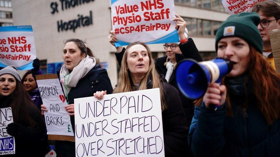 Striking physiotherapists outside St Thomas's Hospital in London on 26 January 2023