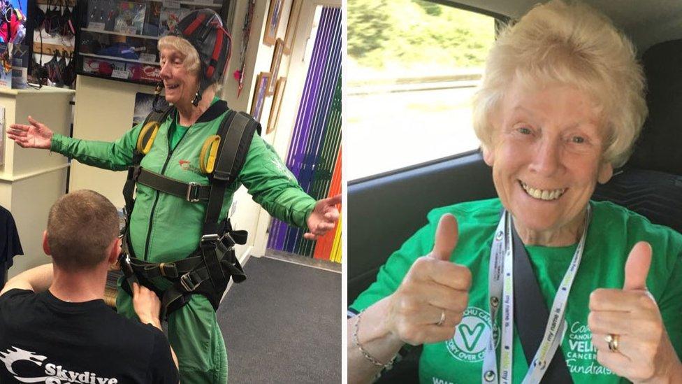 Two pictures of Caroline Cooper before the skydive, giving the thumbs up