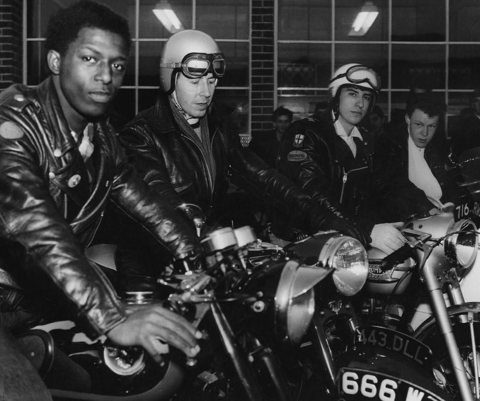 Father Bill Shergold with members from the 59 Club outside the Ace Cafe, London, 1960s