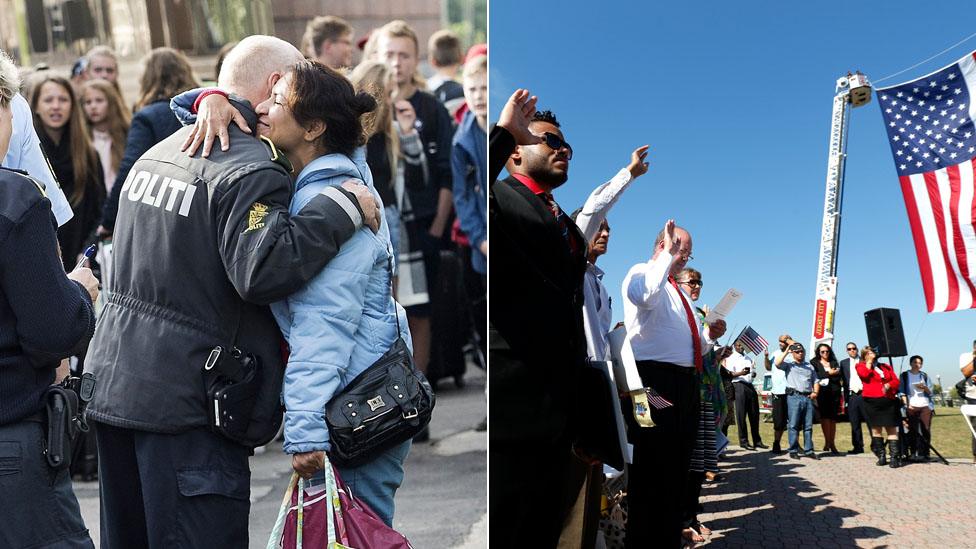 A Danish policeman hugging a migrant (left) and new US citizens at a citizenship ceremony