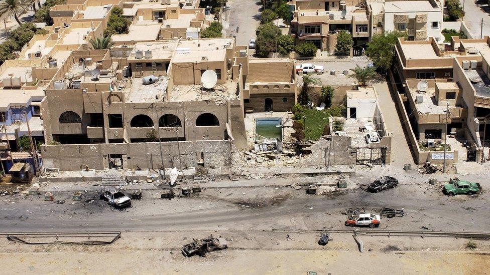 A close up aerial photograph of the front of the Jordanian Embassy in Baghdad in 2003