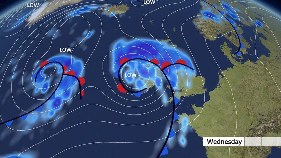 Meteorological synoptic chart showing a deep area of low pressure known as Storm Agnes