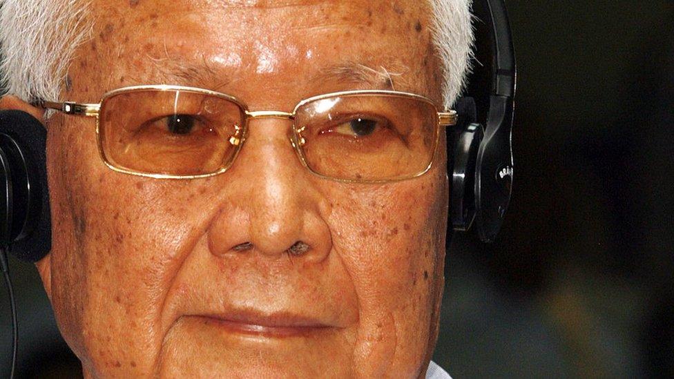 Former Khmer Rouge head of state Khieu Samphan sits in the courtroom during a public hearing at the Extraodinary Chambers in the Court of Cambodia (ECCC) in Phnom Penh on February 12, 2010 to appeal against his pre-trial detention.