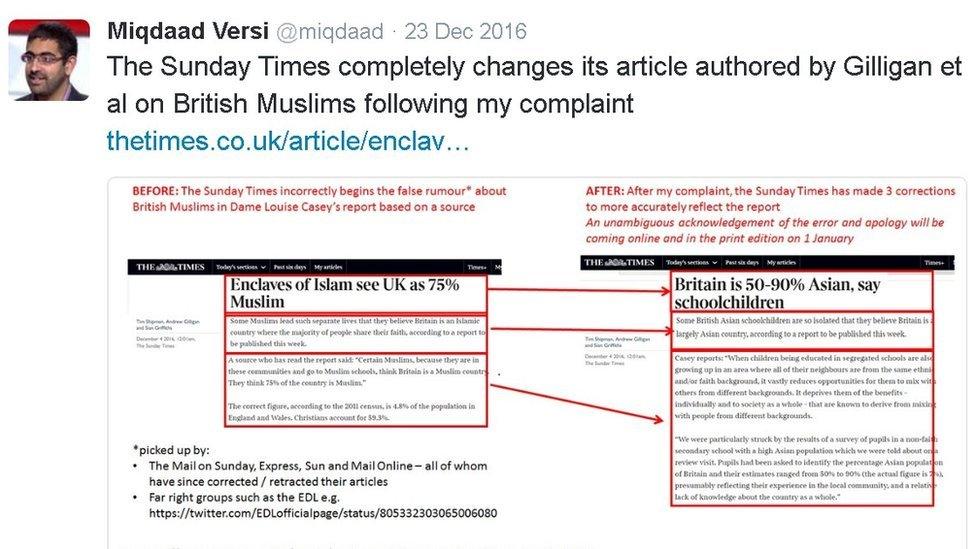 Miqdaad Versi tweet pointing out correction in the Sunday Times
