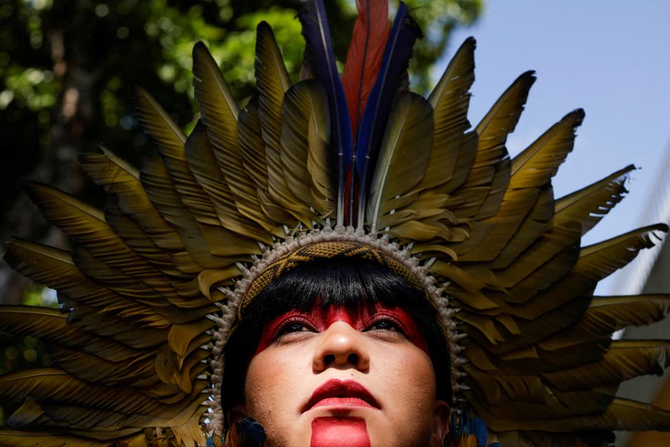 Celia Xakriaba poses for a picture during the seminar of the natives of the land and indigenous women leaders in Brasilia, Brazil, 15 October 2022.