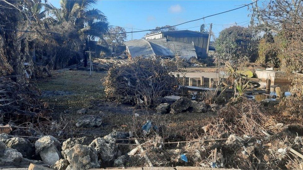 A general view shows damaged buildings following volcanic eruption and tsunami, in Nuku"alofa, Tonga in this picture obtained from social media on January 20, 2022