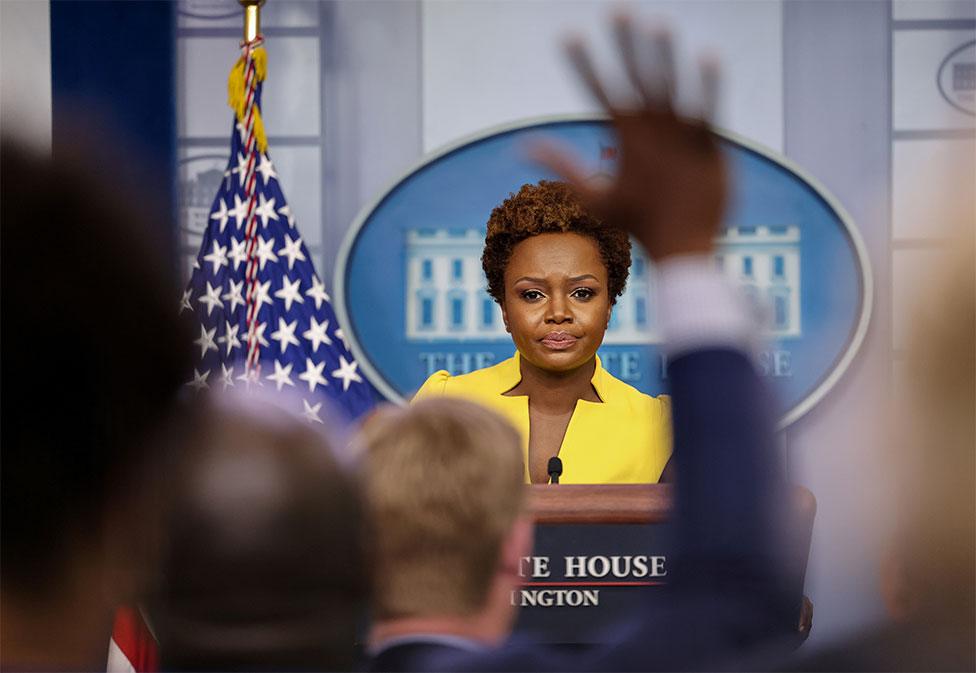 Principal deputy press secretary Karine Jean-Pierre holds a press briefing at the White House in Washington, US