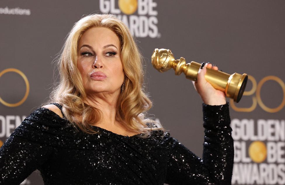 Jennifer Coolidge poses with her award for best supporting actress in a Television Limited Series or Motion Picture for The White Lotus at the 80th Annual Golden Globe Awards in Beverly Hills, California, USA.