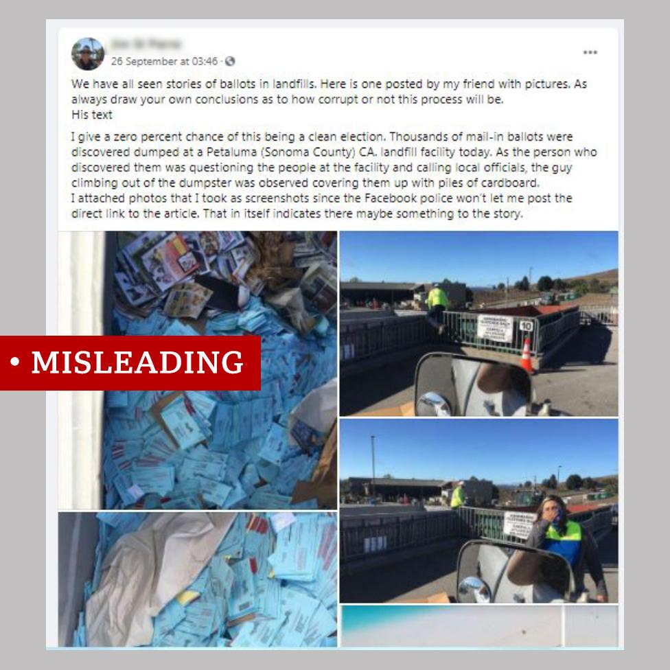 A Facebook post labelled "Misleading". The post shows pictures of envelopes in landfill.