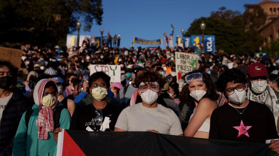 Protesters gather on the University of California, Los Angeles