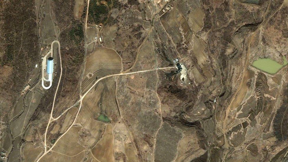 This satellite image released by DigitalGlobe shows the Musudan-ri launch pad, centre right, and assembly building, left, in blue, in at the North Korean missile facility at Musudan-Ri, in southern North Hamgyong Province, North Korea on Sunday 29 March 2009.