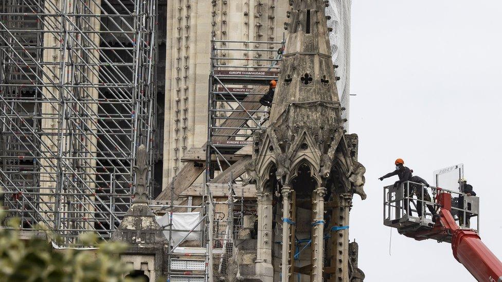 Work on top of Notre-Dame Cathedral, in Paris, France, 08 June 2020