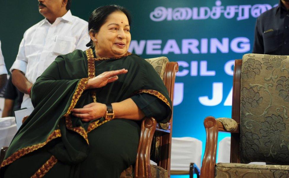 Jayaram Jayalalitha, leader of the Anna Dravida Munnetra Kazhagam (AIADMK) state political party, gestures during a campaign rally in Chennai on April 9, 2016.