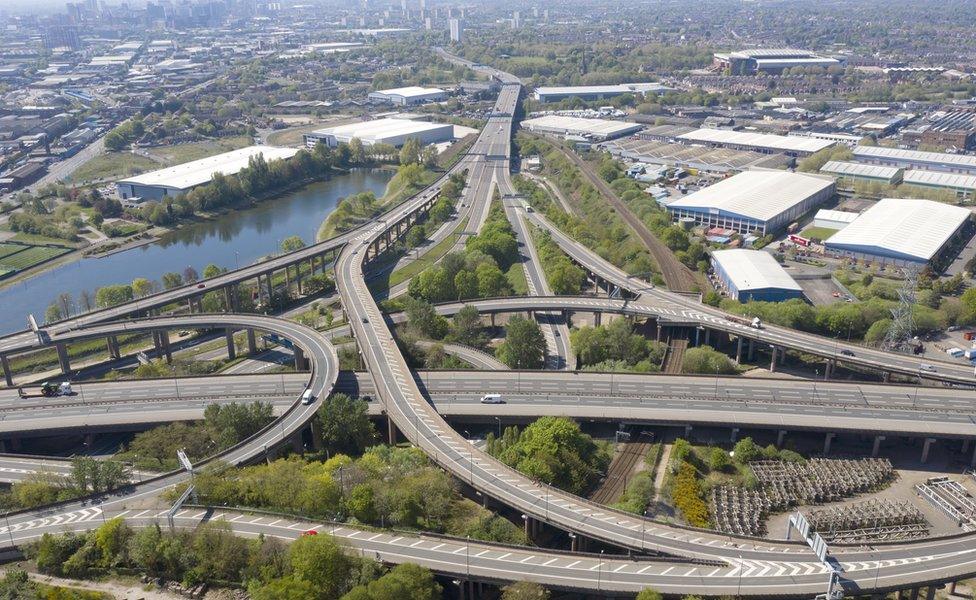 An aerial view on to a series of deserted overpass roads