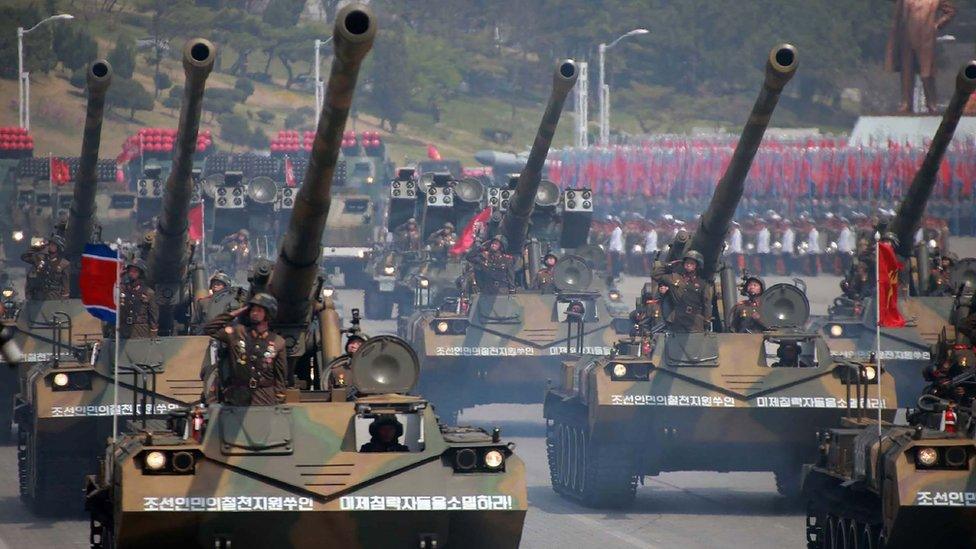 This April 15, 2017 picture released from North Korea's official Korean Central News Agency (KCNA) on April 16, 2017 shows Korean People's howitzers being displayed through Kim Il-Sung square during a military parade in Pyongyang marking the 105th anniversary of the birth of late North Korean leader Kim Il-Sung.