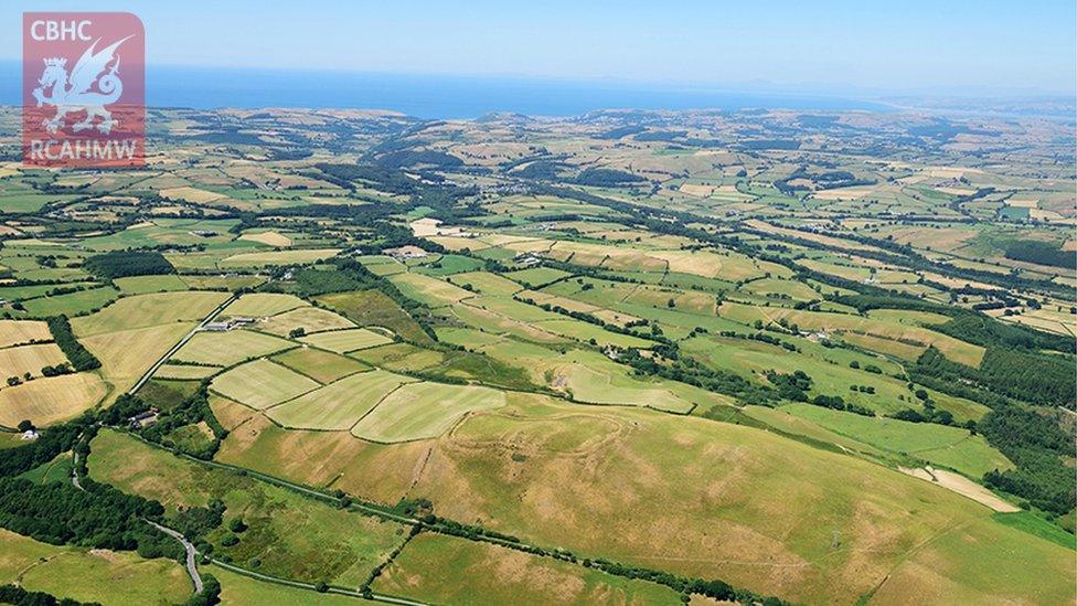 The Iron Age hillfort of Gaer Fawr near Lledrod, Ceredigion, looking across the parched landscape