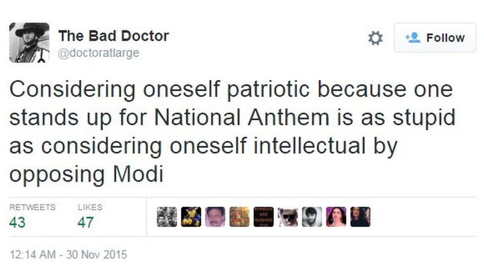 Considering oneself patriotic because one stands up for National Anthem is as stupid as considering oneself intellectual by opposing Modi