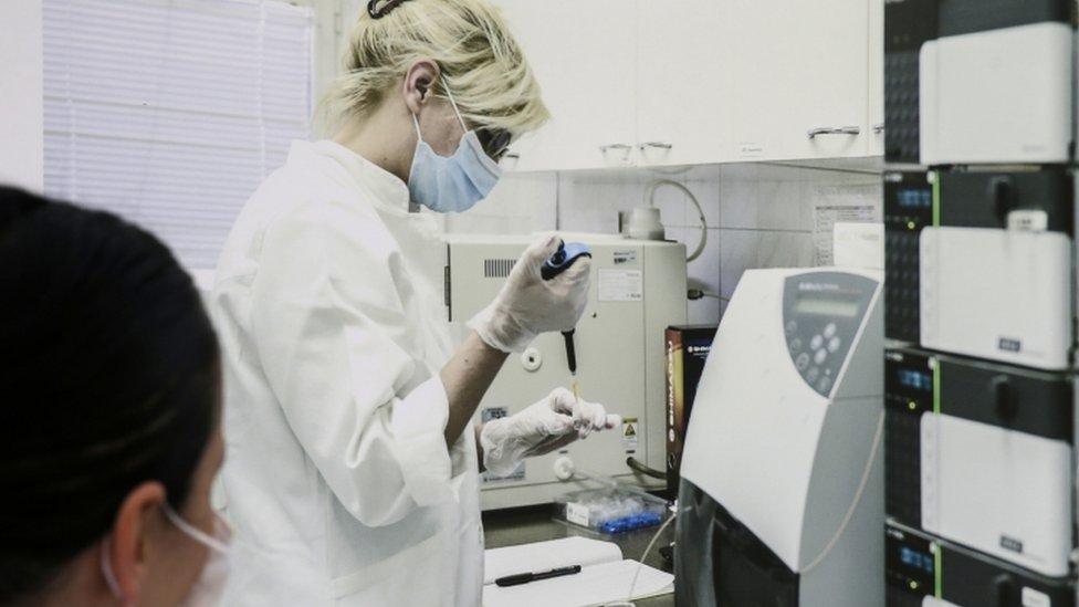 A staff member at the Torlak Institute of Virology, Vaccines and Sera looks at a photo of a colleague in Belgrade, Serbia, 15 April 2021