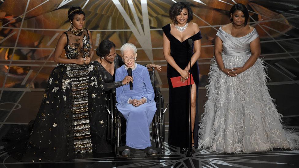 Katherine Johnson and helper with Janelle Monae, Taraji P Henson and Octavia Spencer