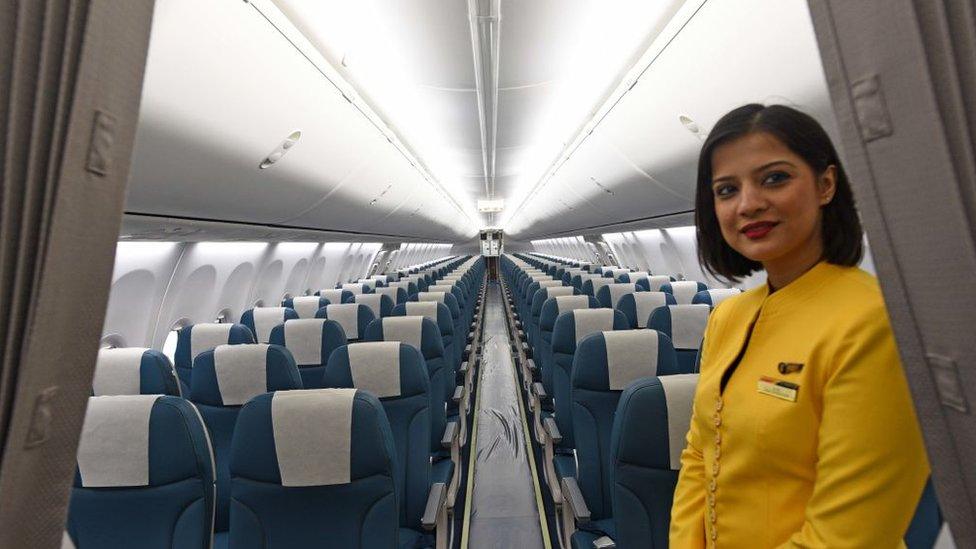 Interior of Jet Airways India's first Boeing 737 Max aircraft at Jet Airways Hangar, P&T Colony, Kalina, Santacruz (E), on June 28, 2018 in Mumbai, India.