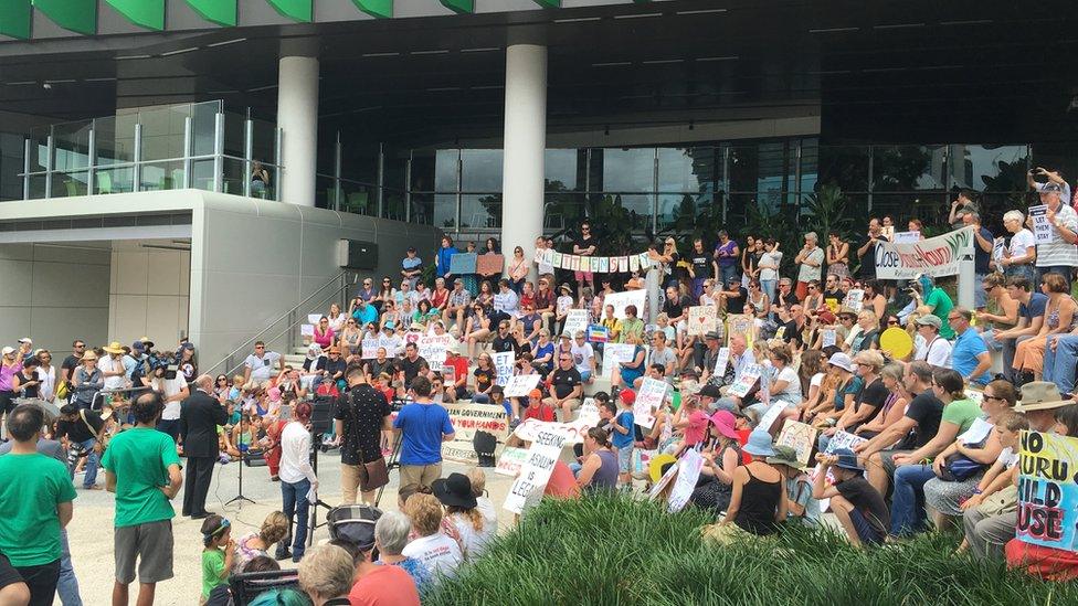 Protesters outside the Lady Cilento Hospital