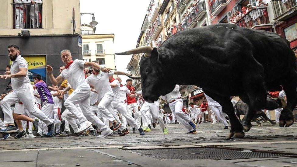 Bull runs down street surrounded by men in white outifts