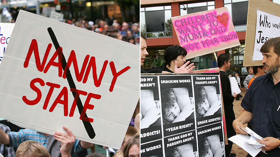 Protestors and banners for and against the NZ smacking ban