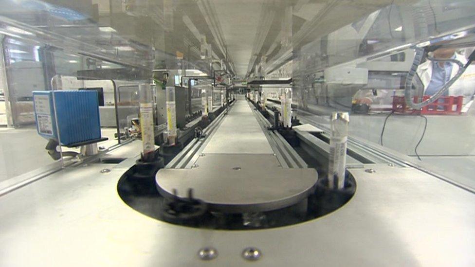 Automated track in the lab at Heartlands Hospital