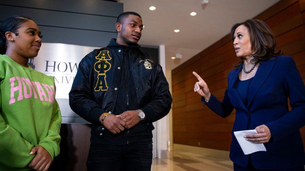 Senator Kamala Harris speaks to Amos Jackson III, Executive President of the Howard University Student Association, and Mara Peoples, Executive Vice President, after announcing her candidacy for President of the United States, at Howard University.