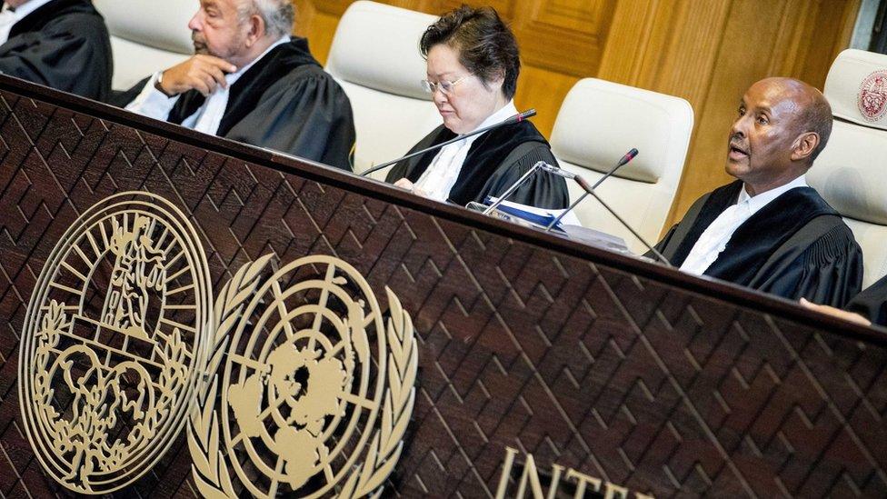 Judges listen to lawyers for Iran at the International Court of Justice (27 August 2018)