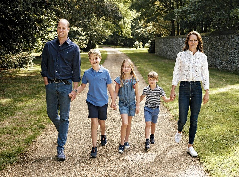 Prince William and Catherine, with Prince George, Princess Charlotte and Prince Louis, in the family Christmas Card image showing them in Norfolk