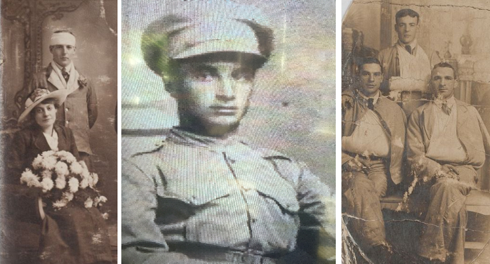 From left Laurence Marriott on his wedding day, Fred Joslin and Laurence Marriott recovering with comrades