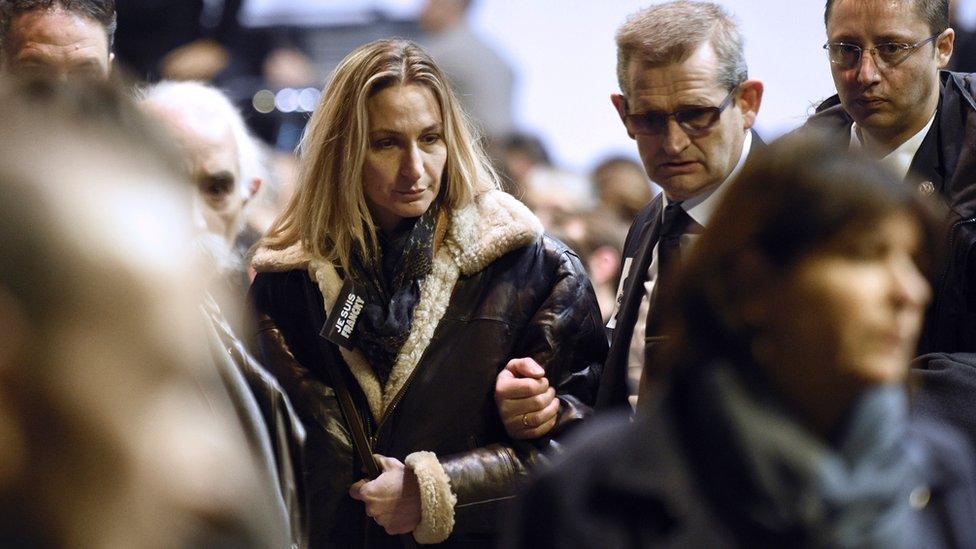 Ingrid Brinsolaro, the widow of Franck Brinsolaro, attends the funeral ceremony of Charlie Hebdo editor 'Charb', on 16 January 2015