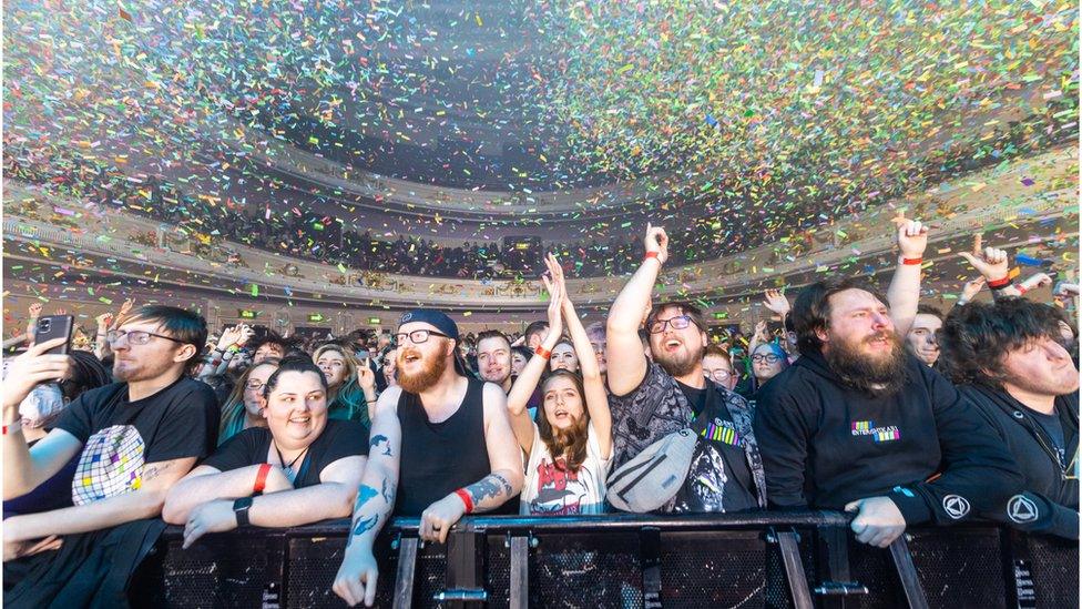 Confetti is seen in the air as the crowd watches the first song at Enter Shikari's concert at Usher Hall on December 13, 2021 in Edinburgh,