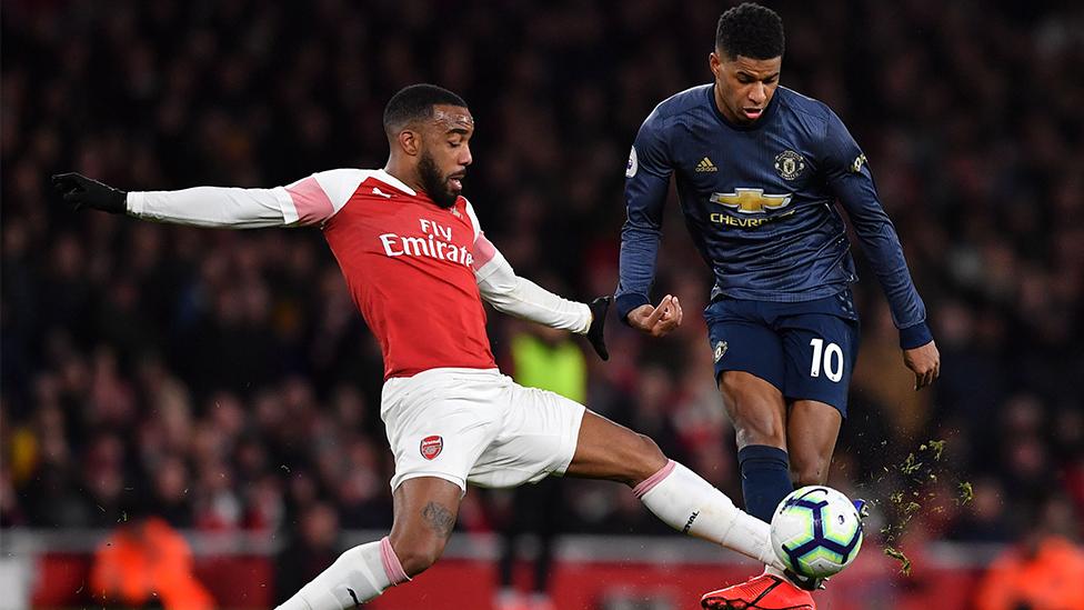 Alexandre Lacazette and Marcus Rashford contest a ball