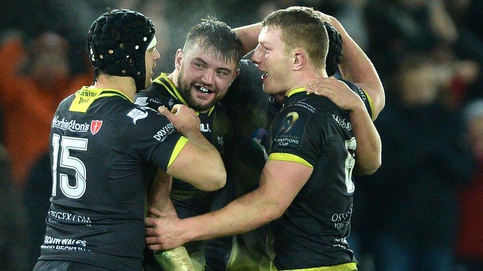 Ospreys players celebrate their win over Clermont in January 2016