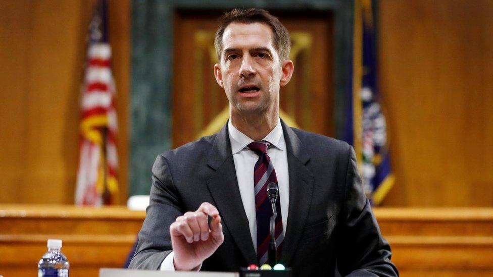 U.S. Sen. Tom Cotton (R-AR) speaks during a Senate Intelligence Committee nomination