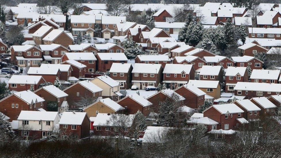 Snow covered homes in Ramsbottom near Bury