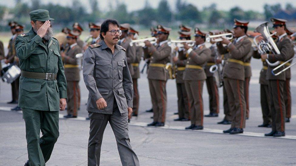 President of Nicaragua Daniel Ortega is welcomed in Havana by Cuban President Fidel Castro in 1988