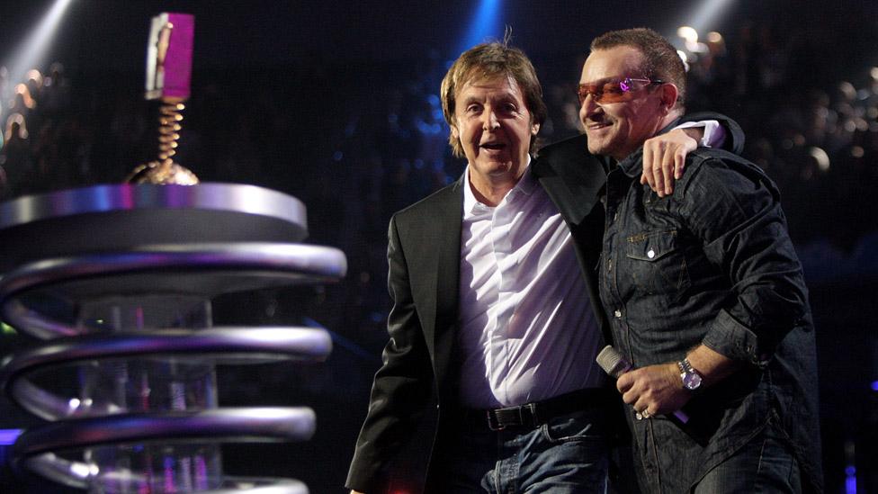 Paul McCartney and Bono onstage at the MTV Europe Music Awards, held at the Echo Arena on November 6, 2008 in Liverpool