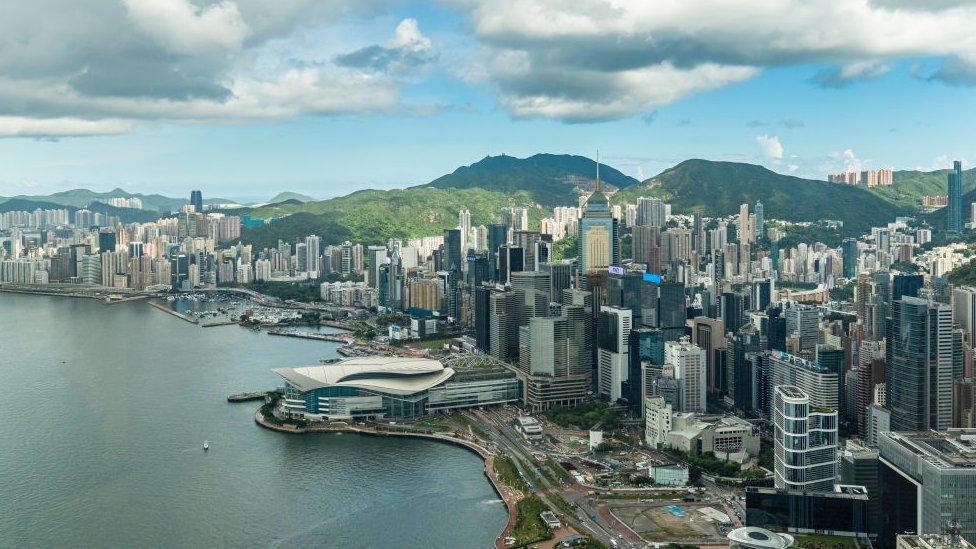 View of the skyline and buildings in the business district of Hong Kong.