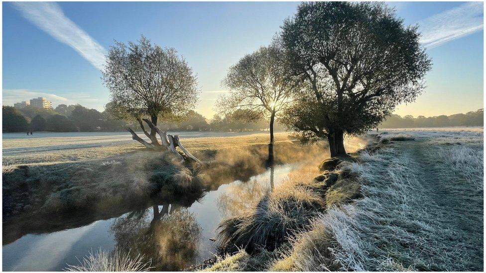 Freezing fields around a small river with trees on the banks