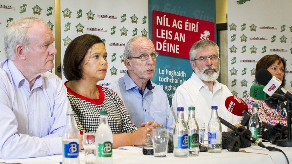 Deputy First Minister of Northern Ireland Martin McGuinness, Vice President of Sinn Fein Mary Lou McDonald, Sinn Fein"s northern chairman Bobby Storey, President of Sinn Fein Gerry Adams and Northern Ireland Junior Minister Jennifer McCann