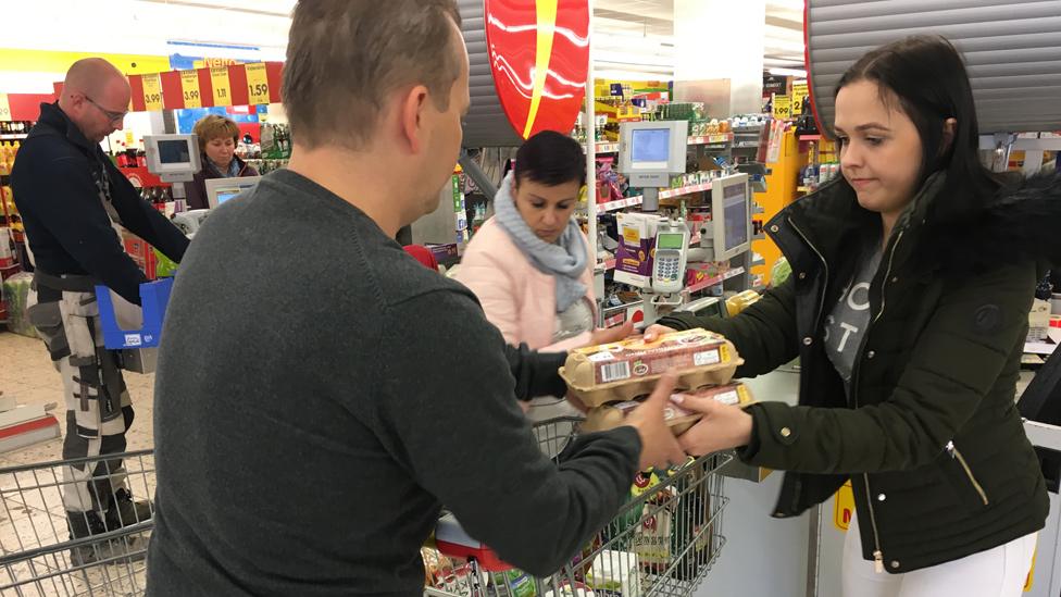 Czech shoppers in a supermarket in Altenberg, Germany