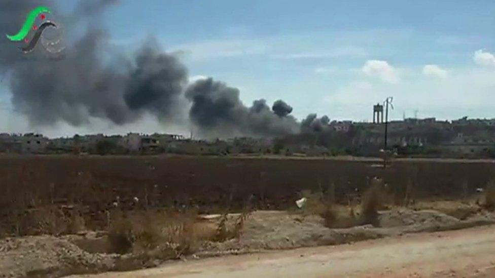 Screengrab from video posted online by opposition activist purportedly showing aftermath of Russian air strikes in Talbiseh, Homs province, Syria (30 September 2015)