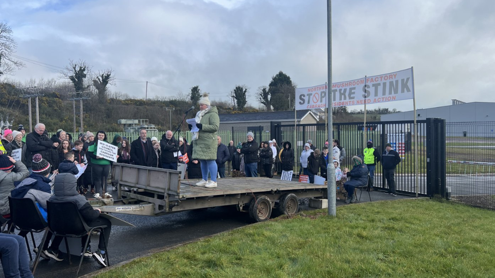 Crowd outside Northway Mushrooms factory near Dungannon