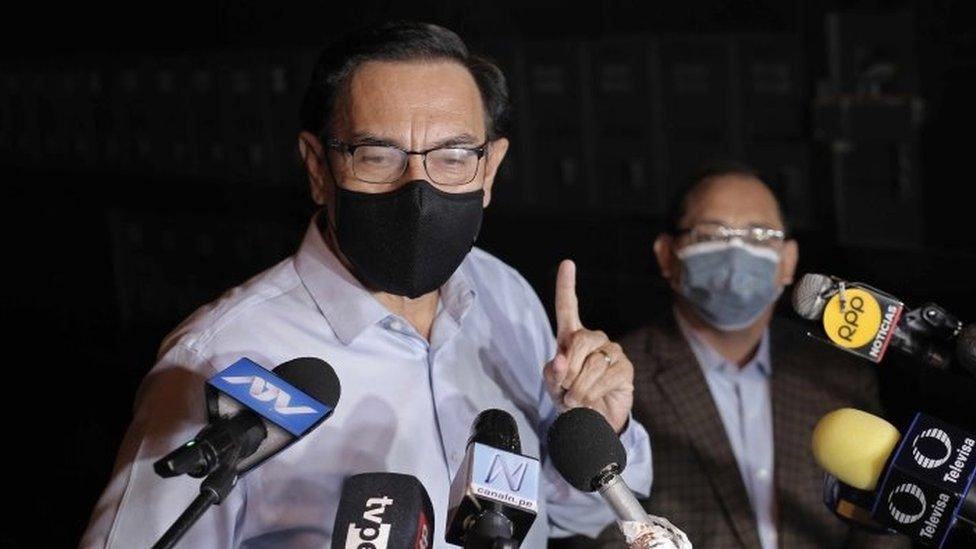 Former Peruvian President Martin Vizcarra (2018-2020) offers statements to the press outside his home, in Lima, Peru, 16 April 2021