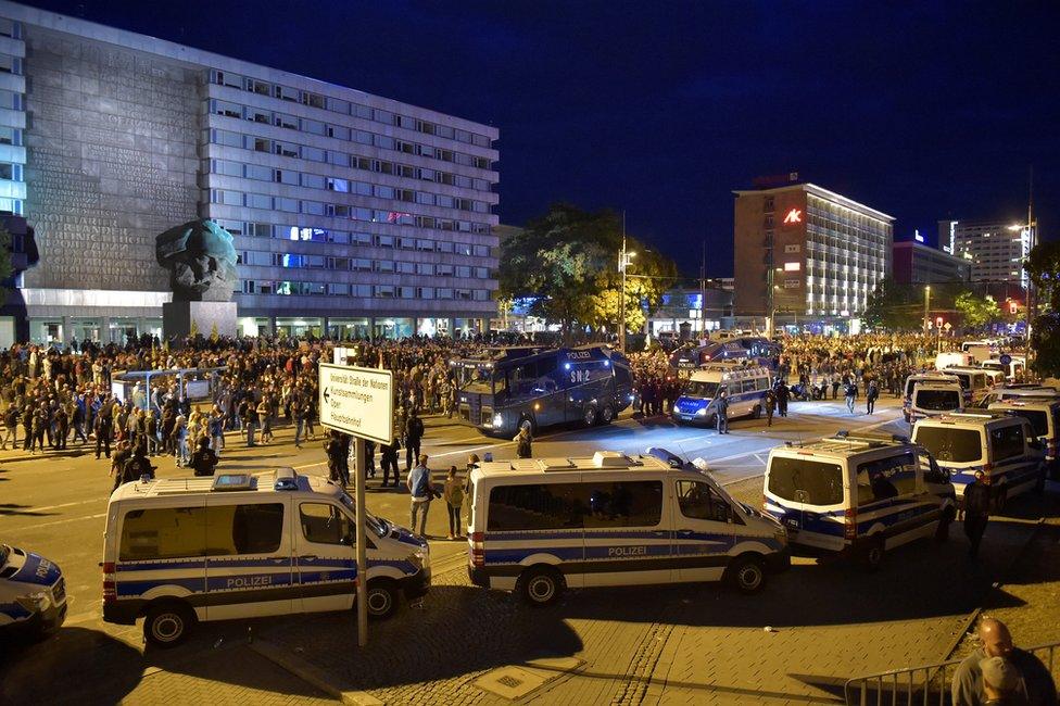 Police vehicles in central Chemnitz, 27 August