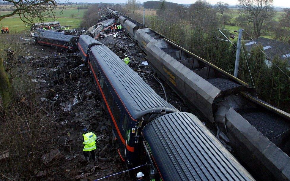 Overhead view of train wreckage