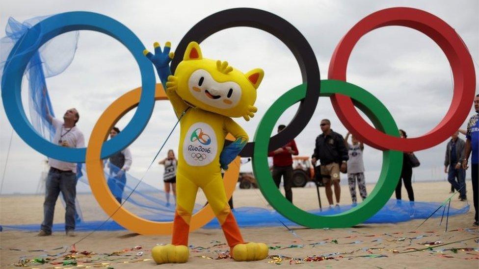 The 2016 Rio Olympics mascot Vinicius attends the inauguration ceremony of the Olympic Rings placed at the Copacabana Beach in Rio de Janeiro, Brazil, July 21, 2016.